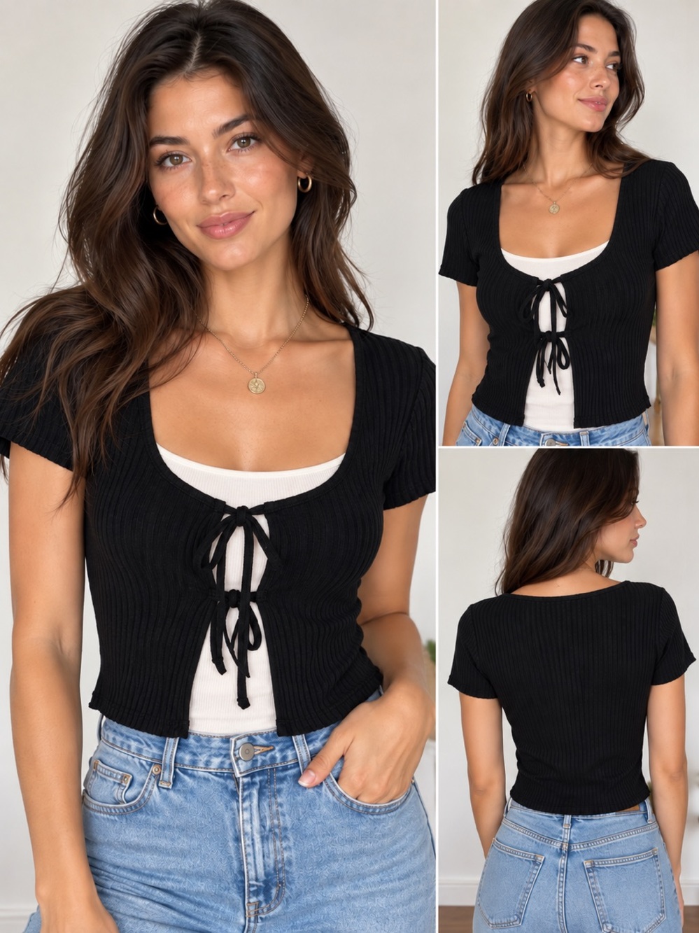 Reformation Black Ribbed Tie Front Crop Top Size M TENCEL Modal Made in USA
